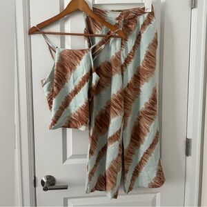 Moon River Good Vibrations Stripped Mint Blue and Brown Two-Piece Set